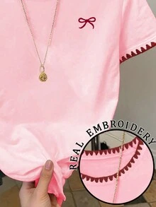 Resyla Women's Casual Everyday Commute Embroidery Trim Bow Pattern Short Sleeve T-Shirt, Summer - Pink - View 5