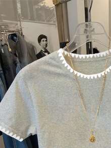 Resyla Women's Casual Heart Print Ribbed Hem Round Neck Short Sleeve T-Shirt, Summer - Grey - View 4