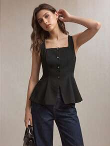 BizChic New Spring/Summer Black Square Neck Front Open Metal Rhinestone Decor Vest, Versatile For Layering, Y2K, Office, Business, Social Occasions - Black - View 7