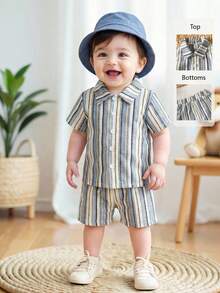 SHEIN 男婴夏季翻领开衫套装（2件套），上衣：黑白条纹短袖翻领衬衫，下装：黑白条纹短裤，休闲度假装 - 彩色 - 查看 7