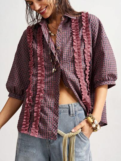 Bohemela Boho Winter / Spring / Summer Casual Woven Plaid Vintage Check Color‑Block Ruffle Short Sleeve Loose Fit Women's Shirt, American Street Style, Western Country Style, Concert & Party Wear, Suitable For Beach Vacations, Daily Wear, Back To School, Outings, Parties, New Year, Valentine's Day, Carnival, Music Festivals, And Other Occasions.