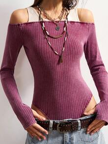 Bohemela Casual Color Block Long Sleeve Fitted Bodysuit For Women - Burgundy - View 3