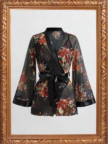 Valentine's Day Women's Sexy Lingerie Set, Includes Printed Mesh Japanese Robe, 4pcs