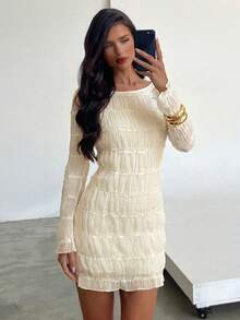 Aloruh Đầm ôm sát cơ thể lưới nhiều lớp màu trơn dành cho nữ - Màu Đỏ Sâu - Xem 7