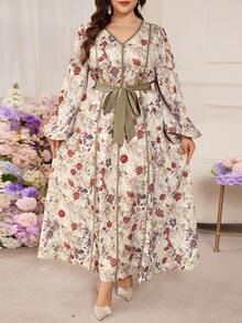 Modelyn 大码女式褶皱纹理撞色印花长袖优雅通勤连衣裙 - 彩色 - 查看 6
