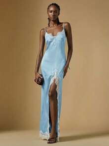 Briarwyn Women's Open Shoulder Spaghetti Strap Blue Lace Patchwork High Slit Hem Dress, Summer Dresses For Women, Summer Outfits, Summer Outfits For Women, Spring Dress Women, Valentine Outfits For Women, Elegant Party Dresses For Women, Beach Outfit, Wedding Guest Dress For Women , Wedding Party Dress - Baby Blue - View 3