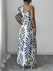 Elenzga Women's Elegant Floral Puff Sleeve Tie Waist Bodycon Dress, Blue & White, Spring/Summer - Blue - View 2