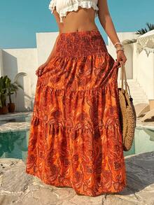 SHEIN Unity Women's Bohemian Print Skirt, Casual Holiday Daily Wear - Burnt Orange - View 7