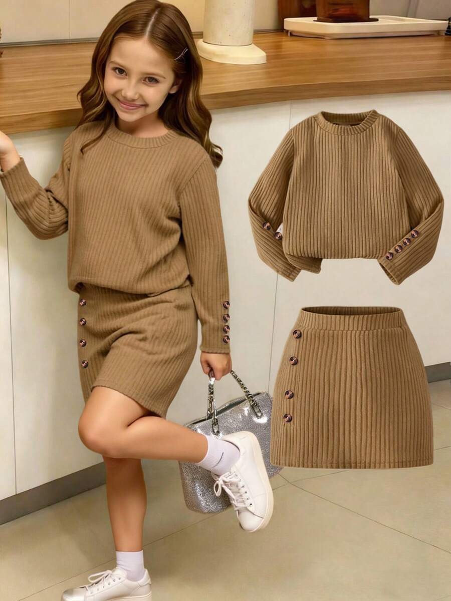 Elladie kids 2件套 女童粉色纹理长袖T恤和纹理纽扣裙 - 卡其色 - 查看 1