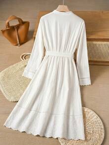 Rusticease Đầm dài tay nữ màu trơn cổ chữ V có thắt lưng, kiểu dáng thường ngày. - trắng - Xem 2