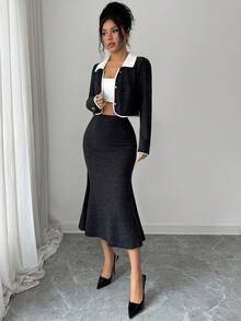 Elenzga Bộ 2 món gồm áo sơ mi cổ bẻ phối màu tương phản, kiểu dáng thanh lịch, thích hợp cho công sở và chân váy đuôi cá cạp chun. - Đen và trắng - Xem 6