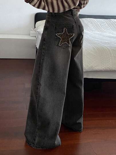 DAZY Jeans de pierna recta con decoración de bolsillo con estrella, estilo casual de calle para mujer