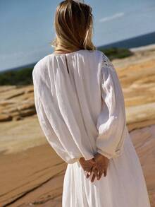 MOTF STUDIO Áo kiểu nữ bằng vải lanh, cổ ren, phối nhiều mảnh, dáng rộng, thích hợp cho kỳ nghỉ và hẹn hò, mùa xuân/hè. - Màu be - Xem 6