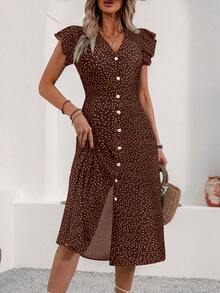 Breezaya Women's Fashionable V-Neck Tie-Waist Split Hem Summer Holiday Dress For New Year Clothes Maxi Vacation Beach Outfit - Coffee Brown - View 3