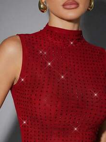 Hauture Sexy Summer Party Burgundy Red Mock Neck Hot Fixed Rhinestone Double Layer Mesh Tank Top - Red - View 6