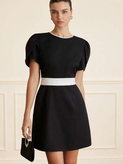 Aveloria Rosie Elegant Backless Contrast Color Bow Tulip Print Short Sleeve Fitted Mini Dress For Women