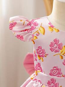 Glamorique Kids Mädchen Blumen Muster V-Rücken Satin Kleid mit 3D Schleife, elegantes aufgeblähtes Prinzessin Partykleid für Blumenmädchen, Hochzeit, Bankett - Pink - Übersicht 7