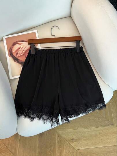 GlowEve Elegant Casual Everyday Loose Comfortable Contrast Lace Black Shorts For Women, Summer