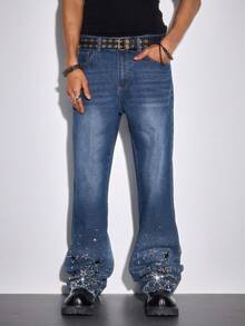 ROMWE MEN Street Life 男士休闲水洗星形刺绣水钻装饰牛仔裤 - 藍色 - 查看 11