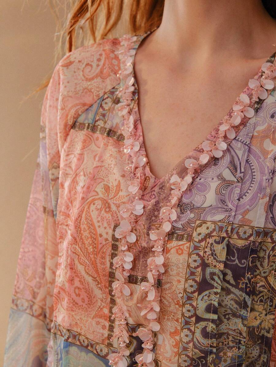MOTF PREMIUM WOMEN'S BOHEMIAN STYLE SEQUIN & METALLIC THREAD BLOUSE - Multicolor - View 2