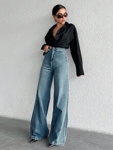SHEIN 100%Cotton High Waist Wide Leg Jeans PETİTE - Dusty Blue - View 5