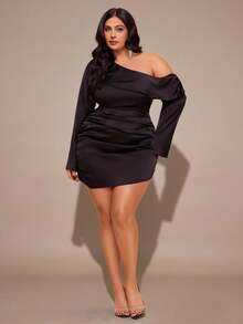 SHEIN BAE Plus Size Black Autumn Elegant Formal Evening Night Out Club Dress,Asymmetric Neckline Ruched Long Sleeve Open Back Dresses For Women Wedding Guest - Black - View 3