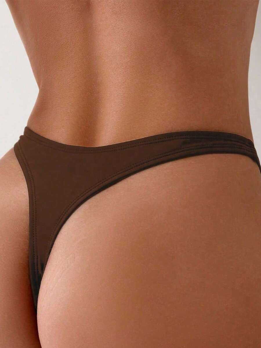 Swim Basics Solid Color High-Cut Bikini Bottoms For Summer Beach Vacation - Coffee Brown - View 1