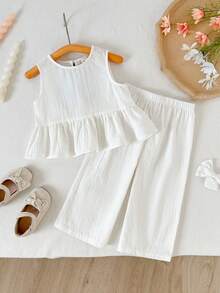 Cozy Pixies 2件套女婴/幼儿白色露背蝴蝶结装饰圆领无袖上衣和松紧腰阔腿裤套装 - 米色 - 查看 3