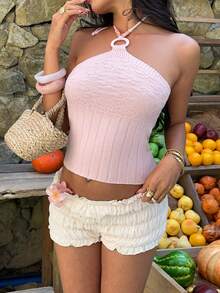 Sunnyshic 女士度假风花卉图案露背系带浪漫毛衣