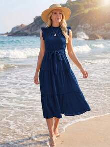 Sylviya Frill Trim Belted Ruffle Hem Dress,Vacation - Navy Blue - View 3