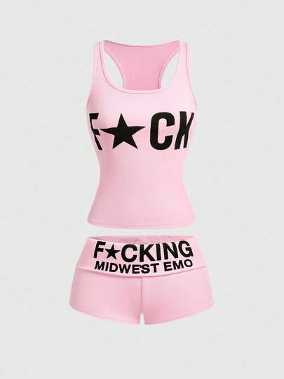 ROMWE Avant Y2K Slogan Crop Top & Ultra-Short Shorts 2pcs Set For Women