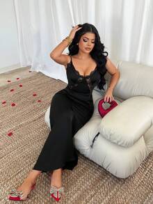 SHEIN SXY 女士黑色蕾丝拼接优雅连衣裙 - 黑色 - 查看 3