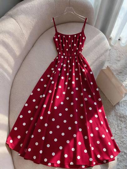 Franclia 大码女式波点印花褶皱腰身时尚吊带连衣裙