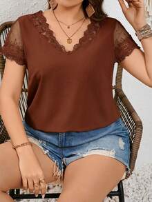 SHEIN Frenchy Plus Size Women's Lace Splicing Short Sleeve Summer Shirt Lace Trim Top, Going Out Tops - Coffee Brown - View 2