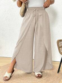 SHEIN Frenchy Plus Size Solid Color Casual Split Pants Wide Leg Summer Pants Loose Pants - Khaki - View 7