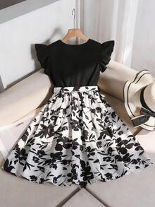 Sparklyn Vestido acanalado con cuello redondo y estampado geométrico de moda para niñas preadolescentes, ideal para vacaciones, verano y viajes - Negro - Ver 3