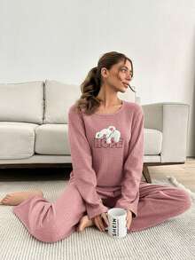 2pcs Cute Slouchy Koala Embroidery Detail PJ Set - Coral Pink - View 4
