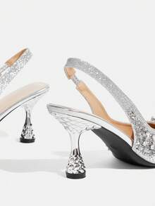 CUCCOO TILAWA 奢华金色水晶高跟凉鞋，手工镶钻镀金全铆钉凉鞋，适合婚礼、度假、派对、夜店及其他圣诞节场合。 - 銀色 - 查看 4