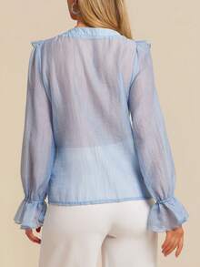 Amorya Áo kiểu nữ mùa xuân mới thanh lịch cổ chữ V tay dài viền bèo nhún chất liệu vải dệt họa tiết màu xanh tươi mát thoải mái, trang phục lễ hội, trang phục ngày Valentine, trang phục đi biển mùa hè, áo kiểu nữ thời trang. - Màu xanh lam - Xem 8