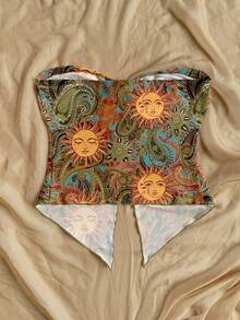 Soleia Áo nữ phong cách giản dị, tối giản, kiểu bohemian, thanh lịch, lãng mạn, cổ điển, họa tiết thần mặt trời, hoa lá, thoải mái với viền bèo xoắn, thích hợp cho mùa xuân/hè. - Nhiều màu - Xem 2