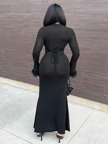 Alexandranx New Stylish Contrast Panel Cinched Waist Slim Fit Long Solid Black Stretchy Dress - Black - View 2