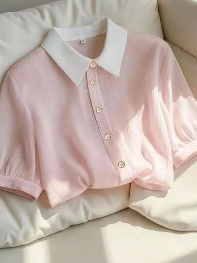 Resyla Women's Spring/Summer New Pink & White Textured Fabric Loose Fit Shirt, Metal Button Decor, Suitable For Outing, Vacation, Afternoon Tea, Daily Wear, Date, Party