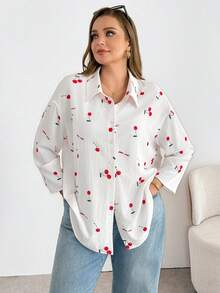 Shapeblank Áo sơ mi trắng dài tay cài cúc in hình quả anh đào, kiểu dáng thường ngày thoải mái, rộng rãi, đa năng dành cho nữ cỡ lớn, thời trang xuân/hè. - trắng - Xem 3