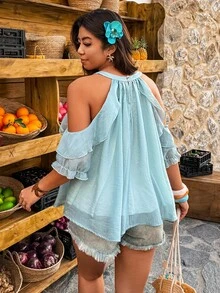 Breezaya Plus Size Women's Bohemian Floral Ruffle Off-Shoulder Casual Vacation Blouse, Spring/Summer - Baby Blue - View 2