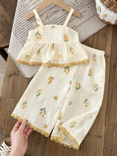 SHEIN Baby Girl Casual Vacation Fashion Fitted Comfortable Cotton Woven Camisole Patchwork Ruffle Hem Top And Wide Leg Pants Set