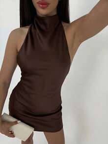 Aloruh Draped Neck Backless Tie-Back Mini Brown Satin Dress - Brown - View 4