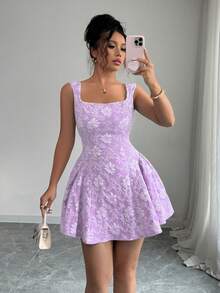 Rafferiza Spring/Summer Regular Women's Wide Collar Sleeveless Waist Cinched Ruched Hem Blue Textured Jacquard Mini Dress, Elegant & Romantic For Graduation, Prom, Party, Music Festival, Vacation - Mauve Purple - View 7