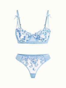 Bonmuse Sexy Lingerie For Women, Blue Mesh, Ultra-Thin, Floral, Patchwork, Embroidered, Molded, Sweet, 2 Pieces Set: Bra + Thong, Cool Light Blue