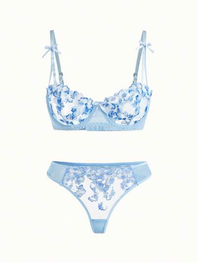 Bonmuse Sexy Lingerie For Women, Blue Mesh, Ultra-Thin, Floral, Patchwork, Embroidered, Molded, Sweet, 2 Pieces Set: Bra + Thong, Cool Light Blue