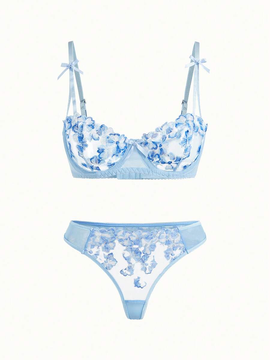 Bonmuse Sexy Lingerie For Women, Blue Mesh, Ultra-Thin, Floral, Patchwork, Embroidered, Molded, Sweet, 2 Pieces Set: Bra + Thong, Cool Light Blue